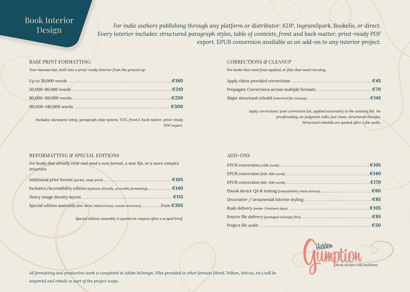 Book interior formatting for indie authors publishing through KDP, IngramSpark, Bookshelf, or direct. Covers base formatting, corrections and cleanup, reformatting, and special editions. Every interior includes structured paragraph styles, table of content